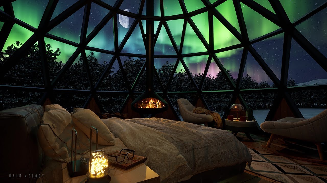 Aurora Borealis & Calm Snowfall In Glass Igloo | Fireplace Sound | 4K ...