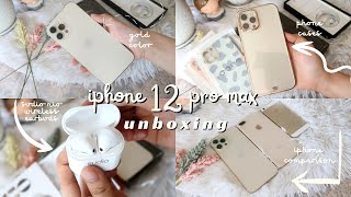 unboxing iPhone 12 pro max gold  128gb + cute accessories | comparing w/ 8 plus & 5s  aesthetic