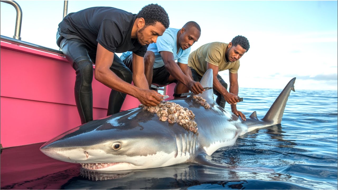 Shark in Distress: Barnacle-Covered Giant Gets Help from Boat Crew ...