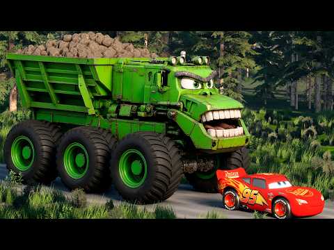 Epic Escape Lightning McQueen vs CONSTRUCTION ROCK GULPER MONSTER TRUCK in BeamNG.Drive
