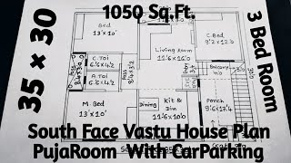 35×30 House Design,1050 Sq.Ft Vastu HousePlan,35×30 3Bhk Ghar KaNaksha,South Face Makan KaNaksha,Map