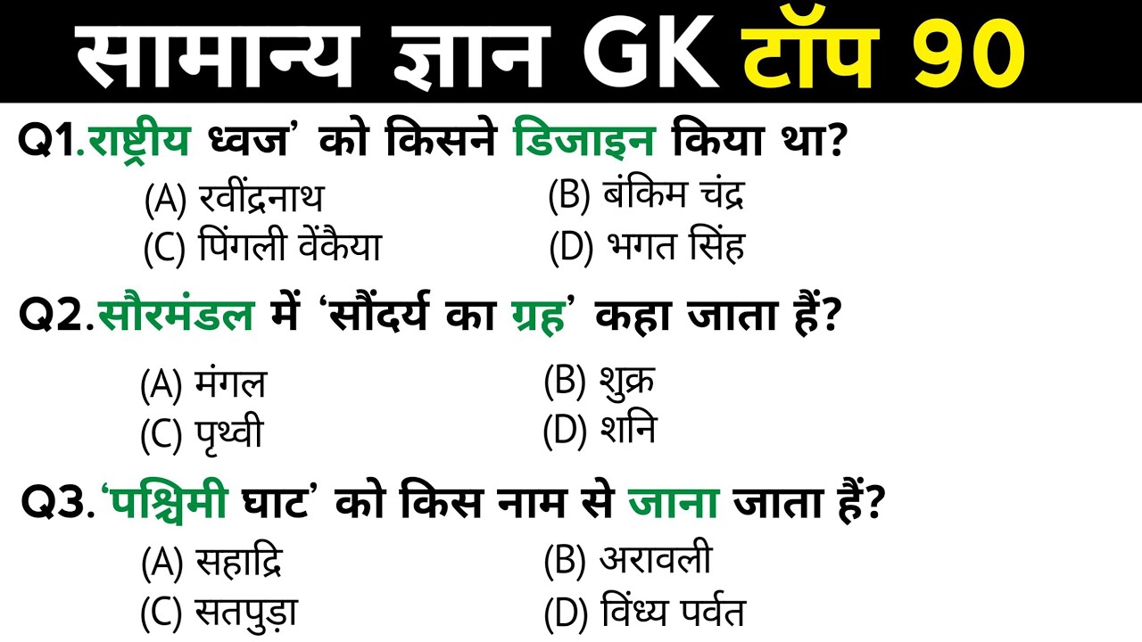 सामान्य ज्ञान | General Knowledge | Top 90 Gk GS questions | SSC GD, MTS, RPF, CRPF | GK quiz