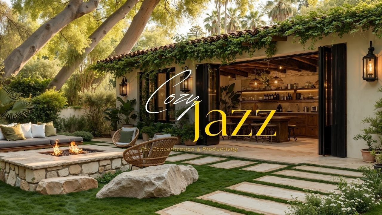 Cozy Outdoor Courtyard With Gentle Jazz | Warm Morning Jazz & Fireplace ...
