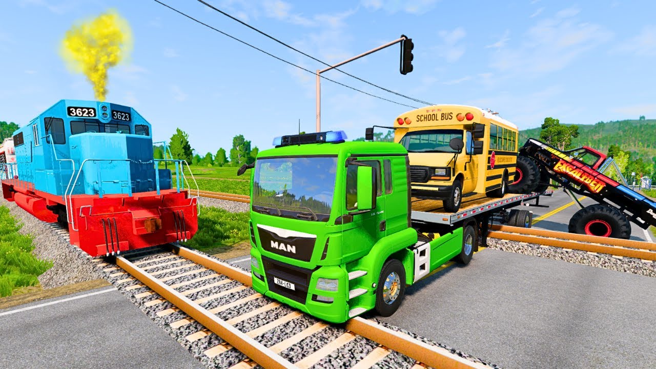 Quadruple Trucks Transporting cars with Flatbed Trailers | Cars vs Speedbump vs Train vs Pothole