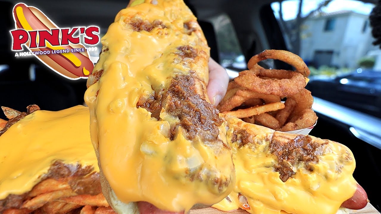 MUKBANG EATING PINK'S CHILLI CHEESE DOG, CHILLI CHEESE FRIES, ONION RINGS ASMR