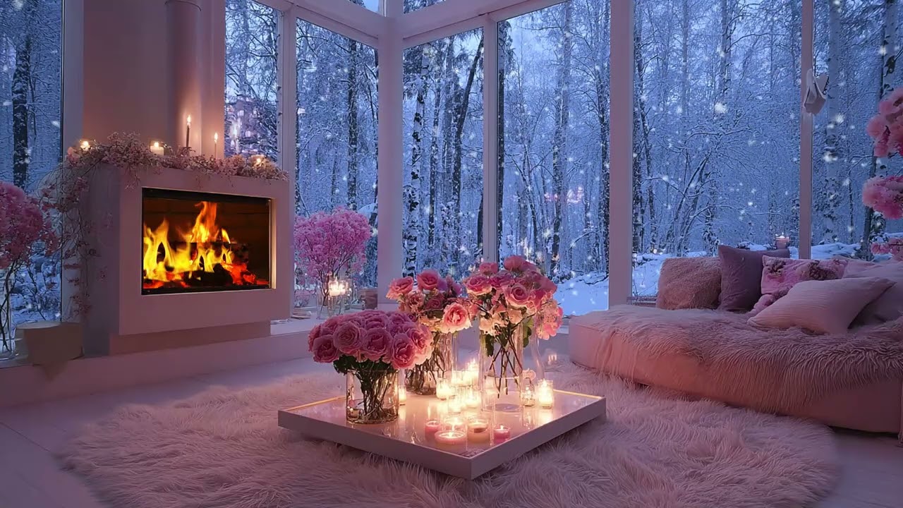🔥🎼 Warm Winter Piano Lounge | Snow Outside & Glowing Firelight | Relax Focus Calm