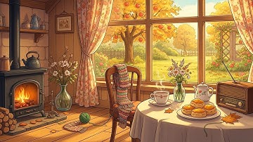 Cozy autumn morning in a 1940s cottage with oldies playing in another room (fireplace, tea ambience)