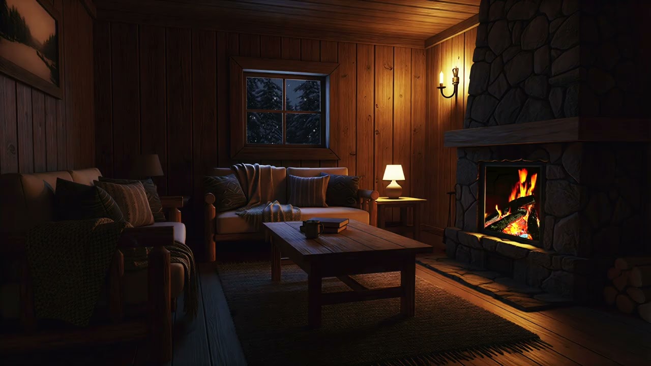 Peaceful Snowfall Around a Wooden Cabin – Deep Winter Night Ambience