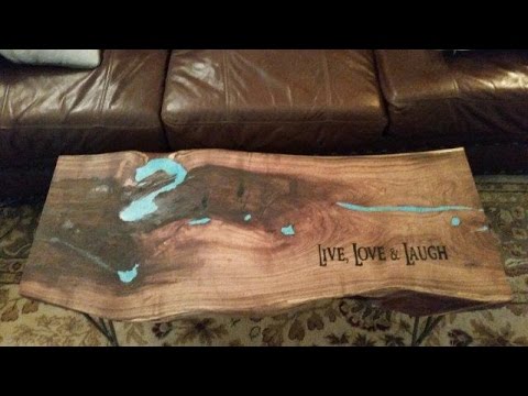 Custom Mesquite Wood Table With Turquoise Inlay And Carved Verbiage Custom Mesquite Wood Table With Turquoise Inlay And Carved Verbiage Hairpin Steel Legs