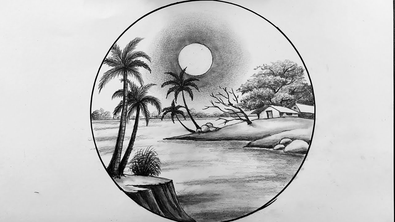 How to draw easy Sunset scenery with pencil sketch / Easy drawing ...