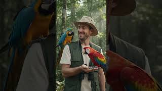 A bird watcher feeding colorful parrots in the forest