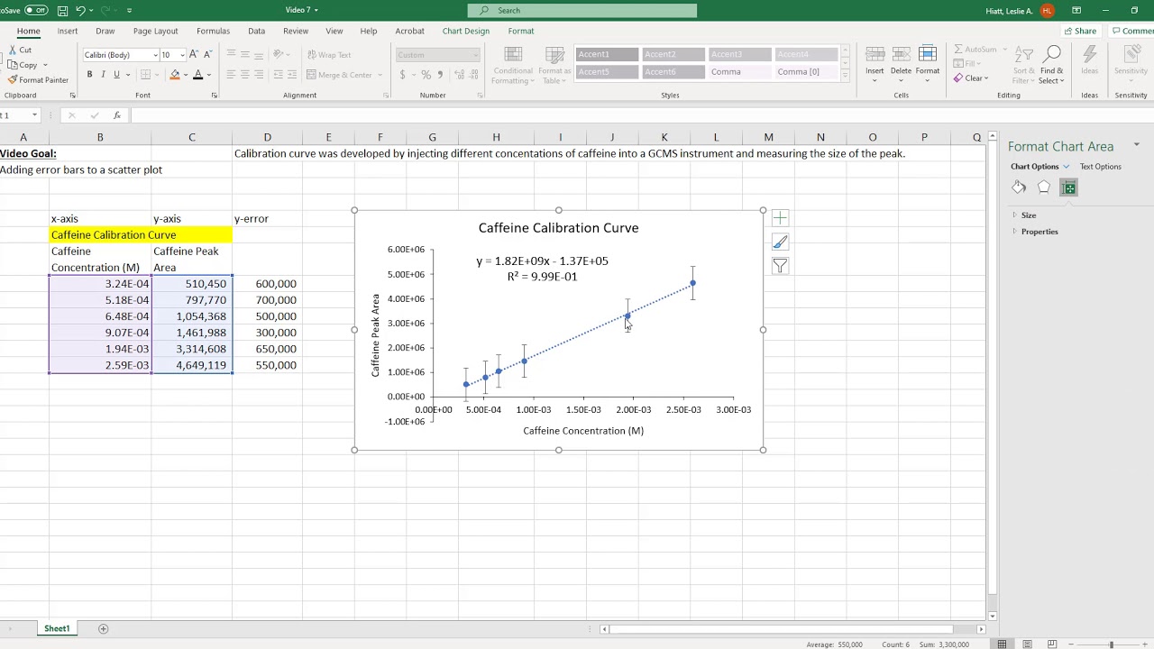 Gen Chem Excel Video 7 Adding Error Bars to Graphs