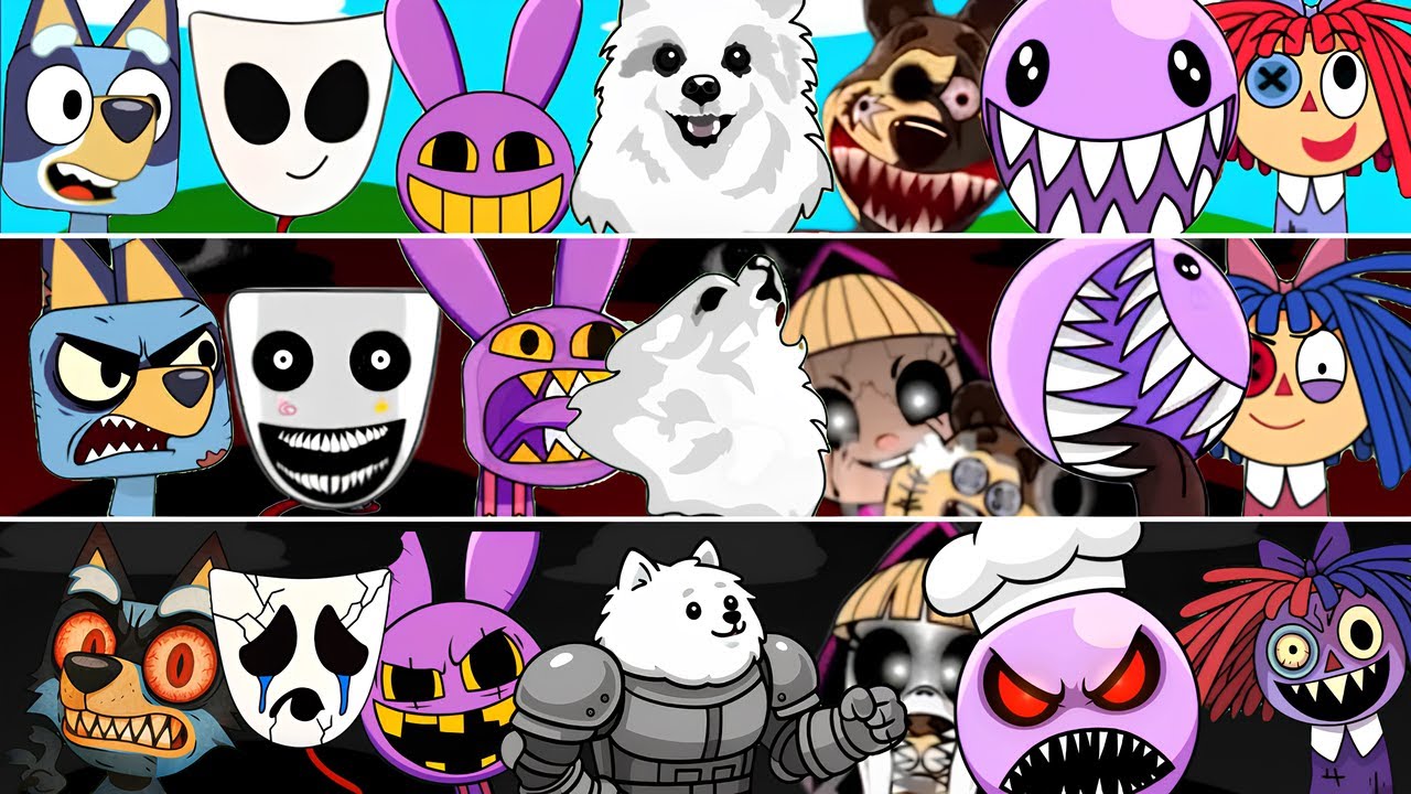 Incredibox Sprunki OC Phase 1 to Phase 3 Gabe the Dog, Masha and The Bear, Jax, Bubble, Gangle