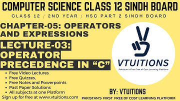 Operator Precedence in “C” | Chp Operators And Expressions | Computer Science Class 12 Sindh Board