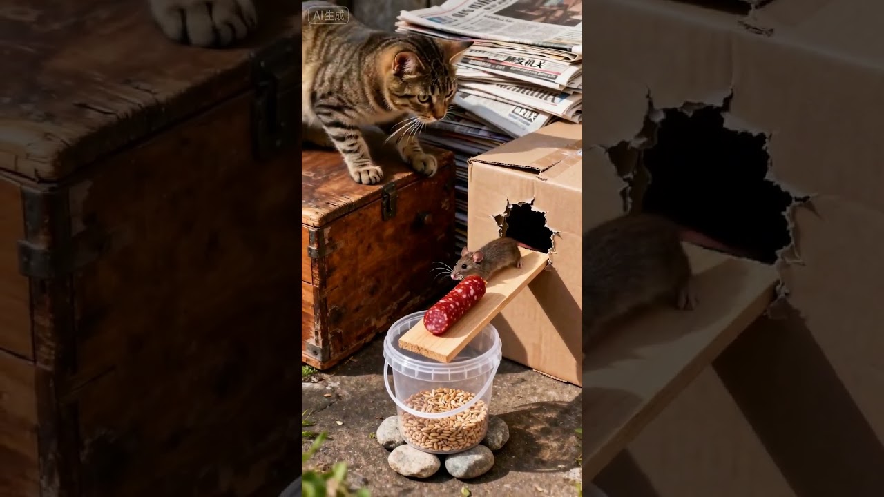 The cat stares at the mouse eating ham. 🐱🐱🐹