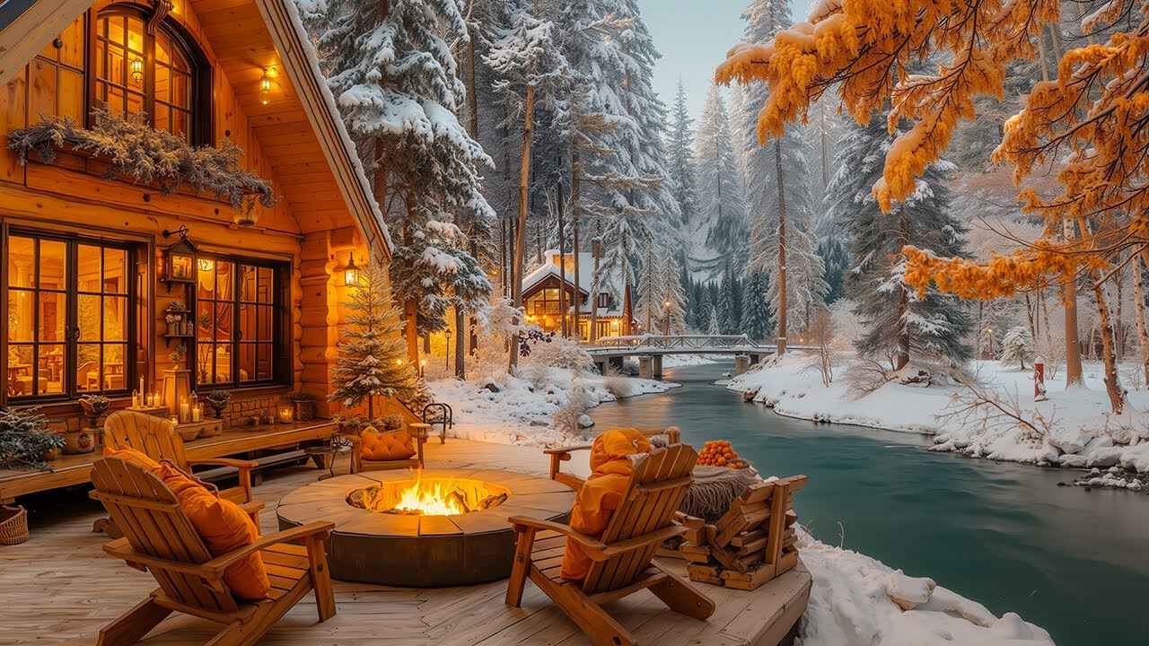 Cozy Winter Porch by Fireplace Ambience - Relaxing Piano and Burning Logs Ambience for Focus