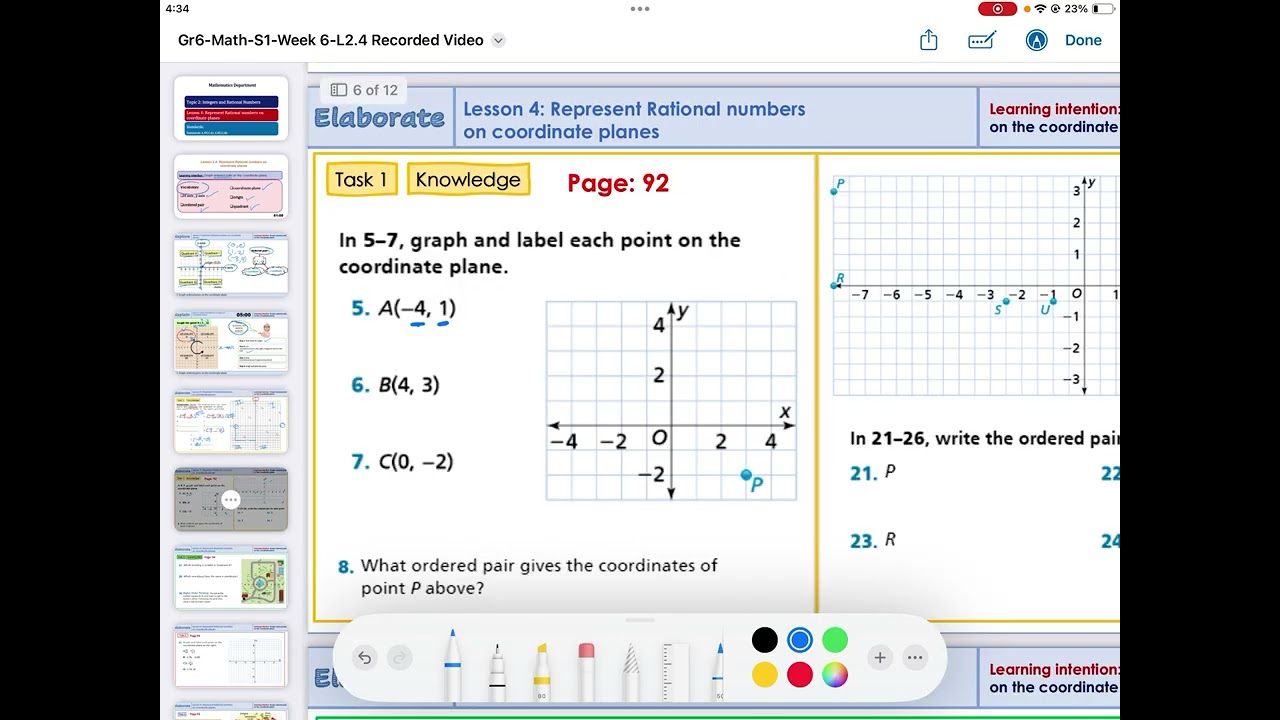 Grade 6 Lesson 2.4: Represent Rational numbers on coordinate planes