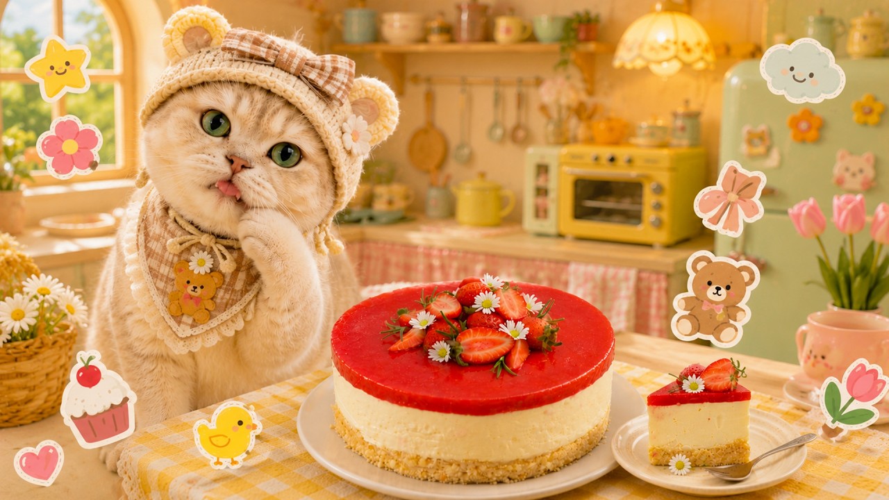 モコモコねこちゃんケーキ♡ Sweet Strawberry Layer Cake 🍰 スイートストロベリーレイヤーケーキ