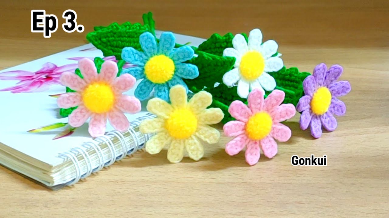 Ep3. Leaves 🌿 Crochet Easy Colorful Daisy Flower Tutorial step by
