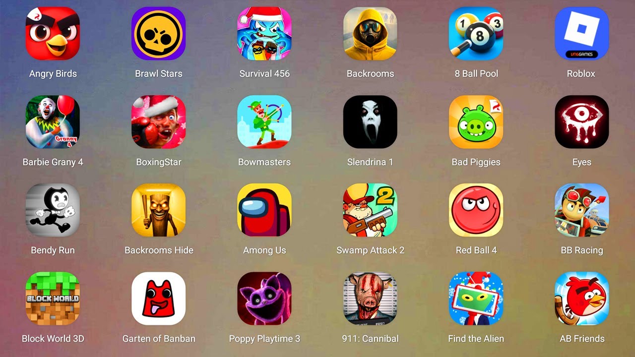 Roblox,Red Ball 4,Pocoyo's Prison,Poppy Playtime 4,The Baby In Yellow,Scary Granny 4,Subway Surfers.