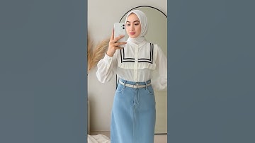 Thumbnail of 3in1 One set baju atasan blouse putih rempel ruffle rok panjang jeans jilbab bella square | ootd