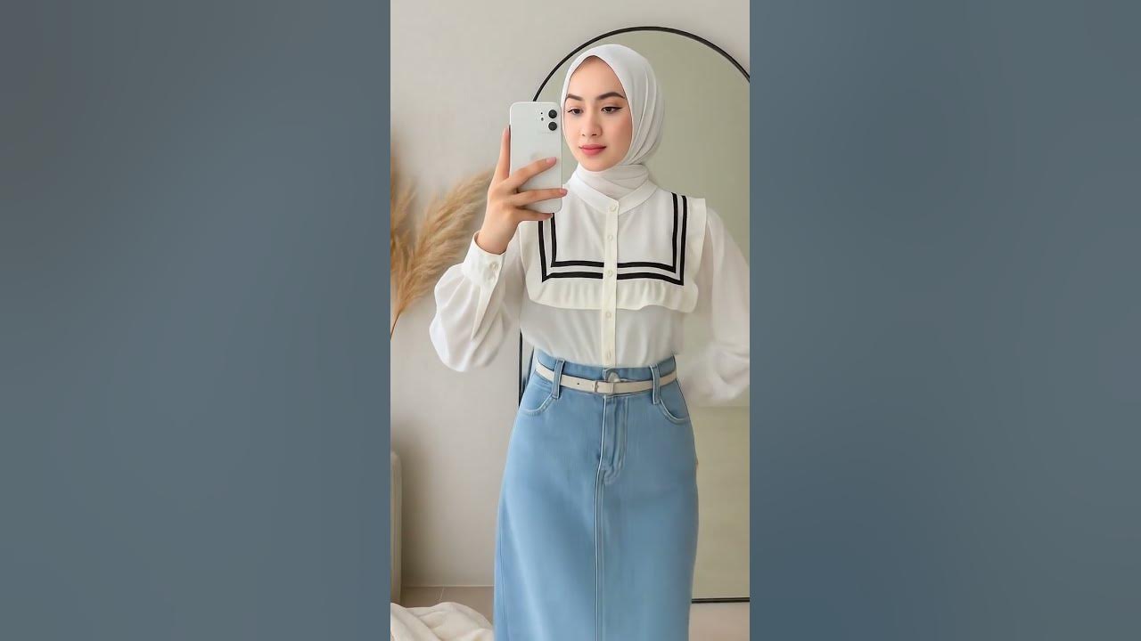 3in1 One set baju atasan blouse putih rempel ruffle rok panjang jeans jilbab bella square | ootd