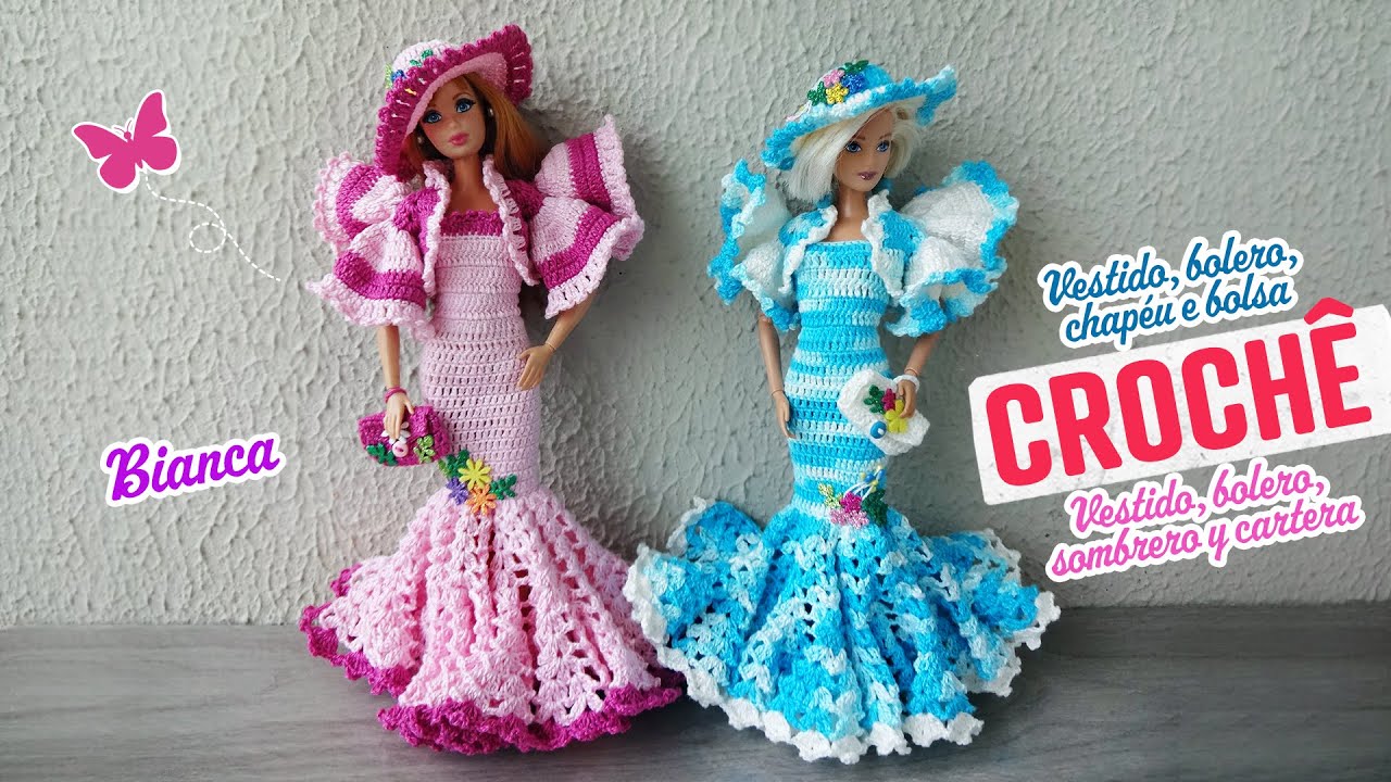 Vestido, bolero, chapéu e bolsa de crochê para Barbie 🌟 Bianca