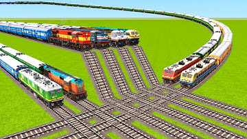 EIGHT TRAINS CROSSING AND CRASHING ON FLYING TRACKS AND DIFFERENT TYPES RAILROAD|Train simulator|