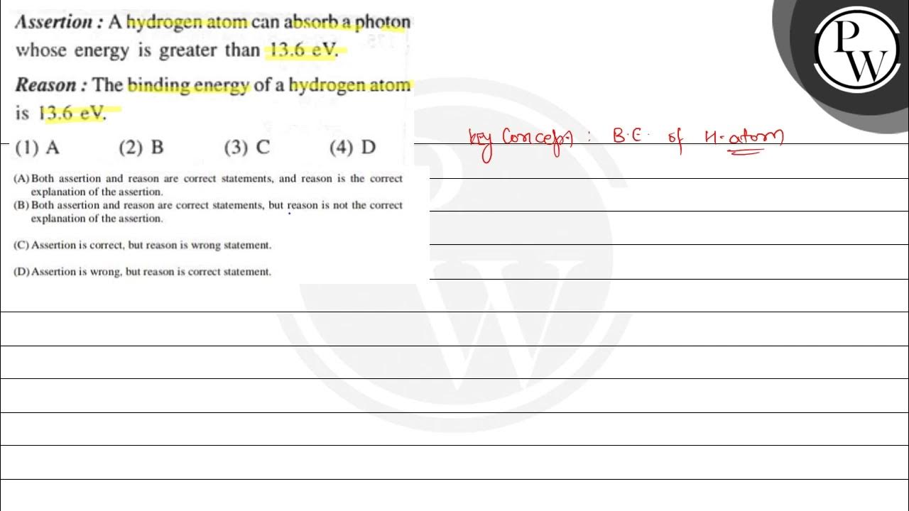 Assertion A hydrogen atom can absorb a photon whose energy is greater