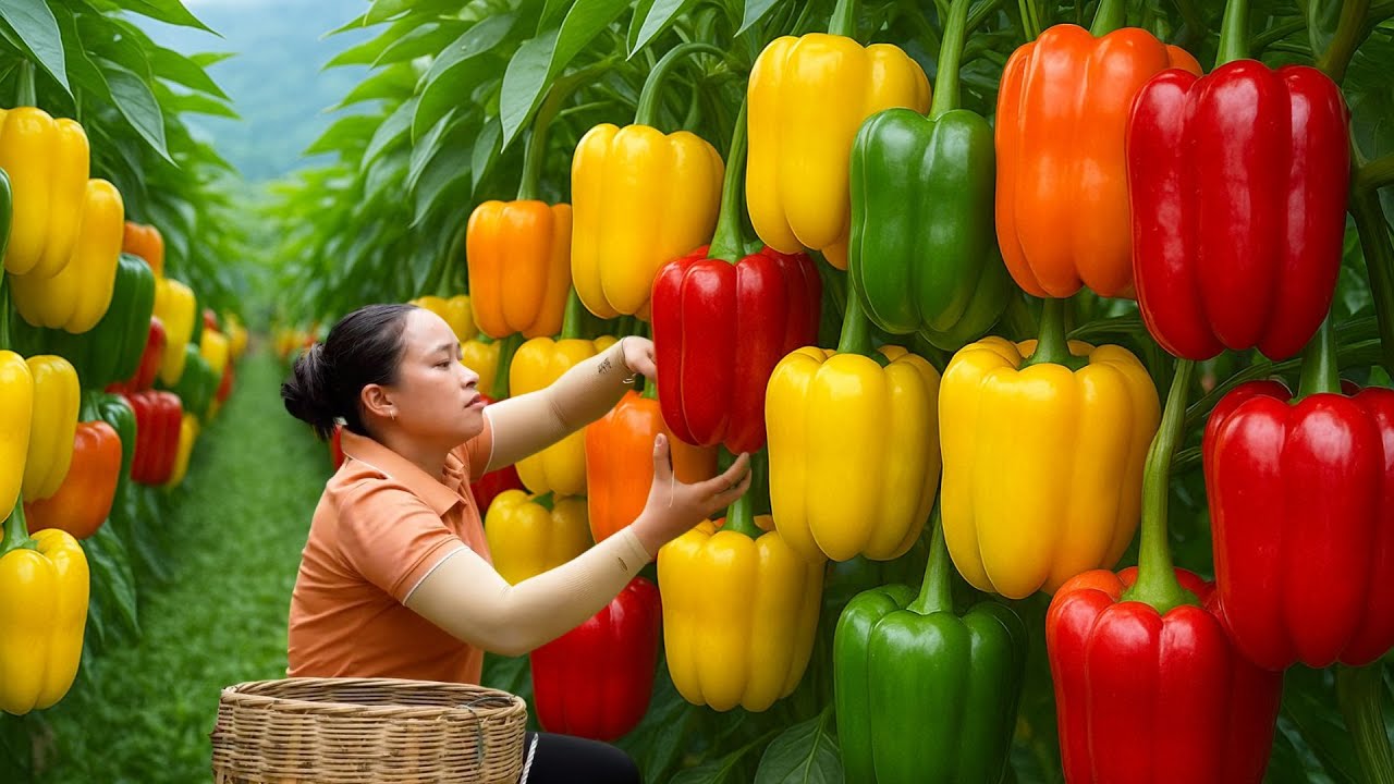 Harvesting 1000+ Colorful Bell Peppers and Selling Them at the Countryside Market, Cooking