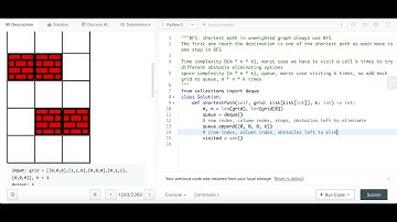 Shortest Path in a Grid with Obstacles Elimination - Leetcode 1293 - BFS - Python