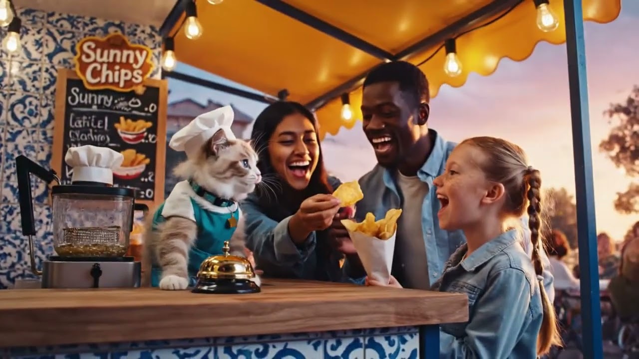 Cute cat making chips and spread heppiness