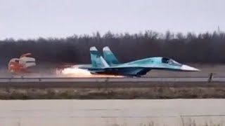 Russian Su-34 fighter-bomber crash lands on belly due to a technical issues
