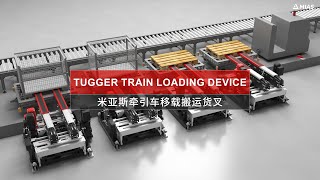 Double deep telescopic fork for tugger train loading and unloading