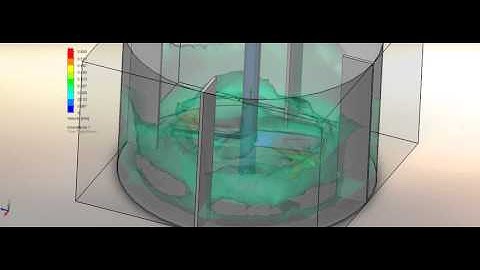 Solidworks flow simulation mixing tank. Isosurface velocity visualisation. 45 angle inclination.