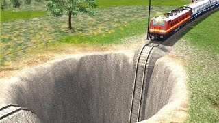 TRAINS VS GIANT PIT | CRAZY RAILROAD TRACKS | Train Simulator 2022 | TrainsFun