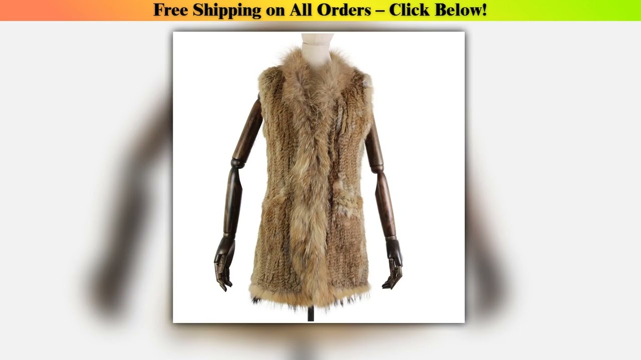 new fashion rabbit fur vest knit rabbit vest 80cm long style for women raccoon fur collar trim fur