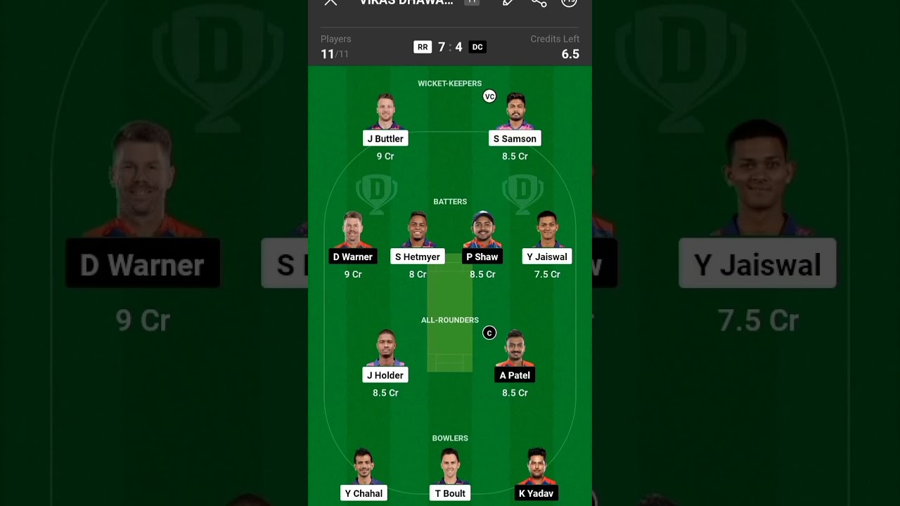 RR vs DC ipl match dream 11 team grand league team
