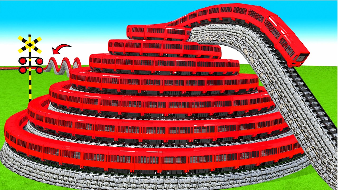 【踏切アニメ】複雑な電車 5 Trains Climbing Pynamid 2025 🚦 Fumikiri 3D Railroad Crossing Animation #1