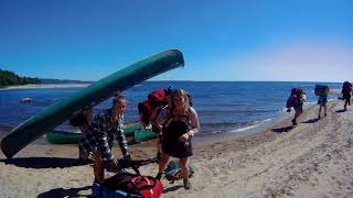 Hiking group of young girls along Lake Superior