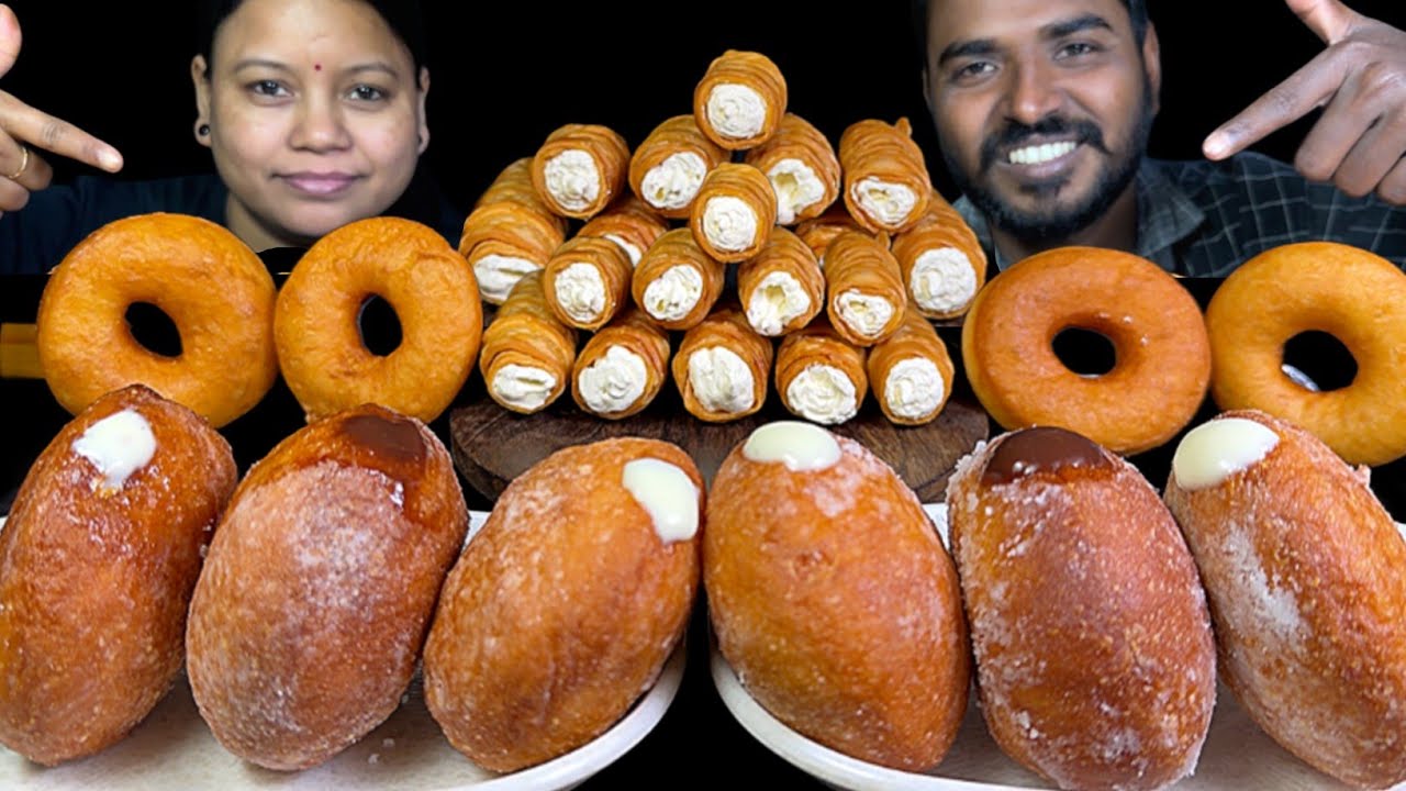 Donuts, Cream Roll & Bomboloni (Cream Filled Donuts) Eating