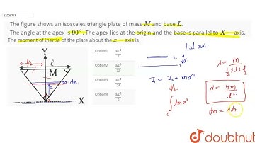 The figure shows an isosceles triangle plate of mass M and base L. The angle at the apex is 90^@...