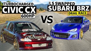 LS Swapped Subaru BRZ vs 650hp Honda Civic CX Drag Race \/\/ THIS vs THAT