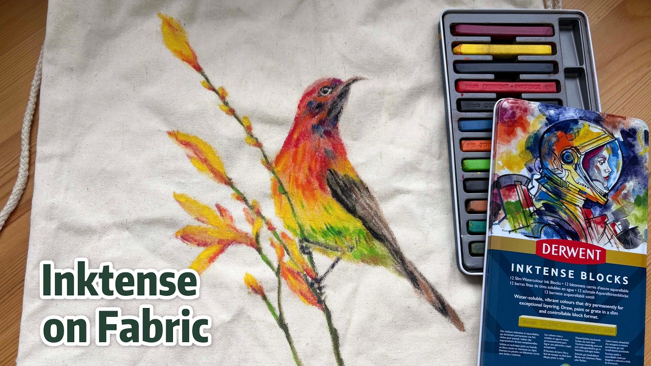 Derwent Inktense Blocks on Fabric | Unboxing, Swatching, Bird Drawing on Bag