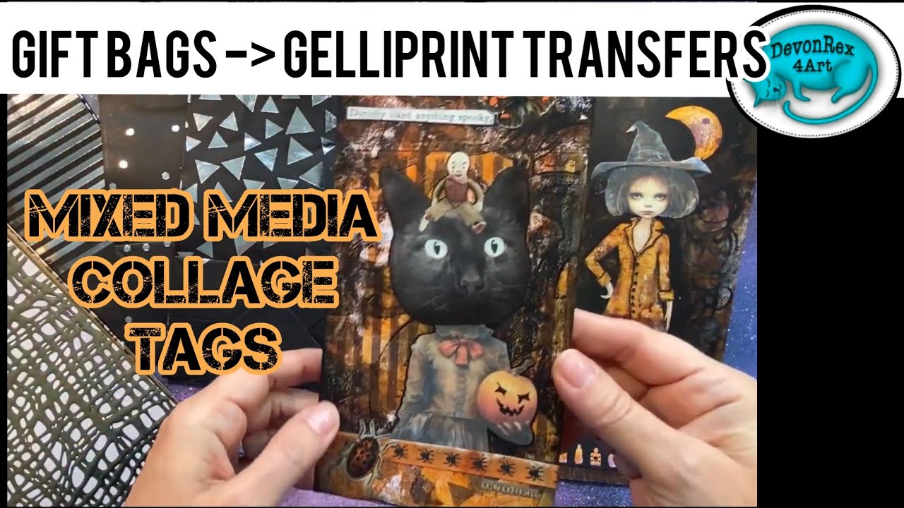 Mixed media collage using dollarstore gift bag pattern transfer