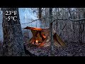 Winter hot tent camping in freezing temperatures