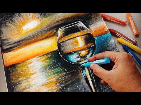 How to draw and colour sunset scenery with oil pastel🌅/Colour Dropper