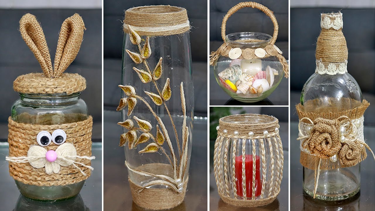 10 New decorating ideas with Jute on Glass (jars, vase, cups