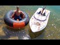 IT WORKS!! (PT2) Modified TOW RIG - TUBE PULLED behind THRASHER Jet Boat  | RC ADVENTURES