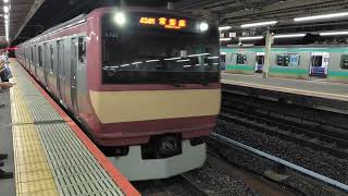 E531系0番台カツK423編成（赤電）＋カツK464編成が当駅止まりの列車としてハイビームに切り替えて上野駅10番線に到着するシーン（434M）2026.06.17